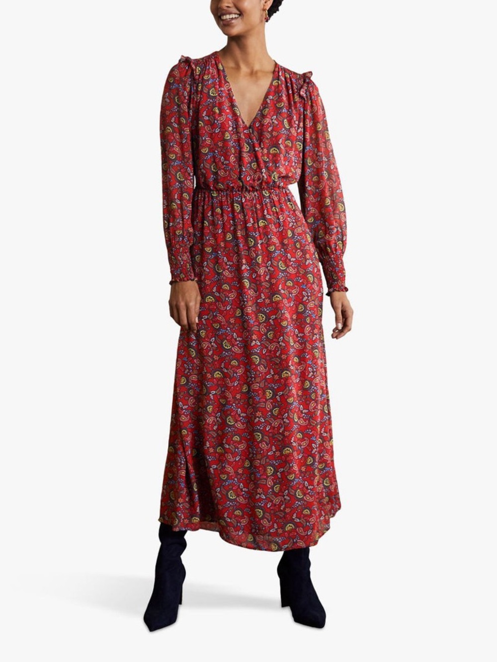 Boden Becky Midi Wrap Dress Red Floral Boho Long Sleeve UK14 US10